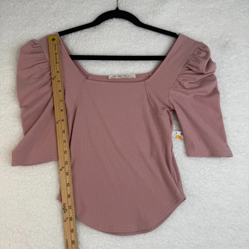 We The Free Free People Puff Sleeve Ribbed Square Neck Top XS Mauve Pink